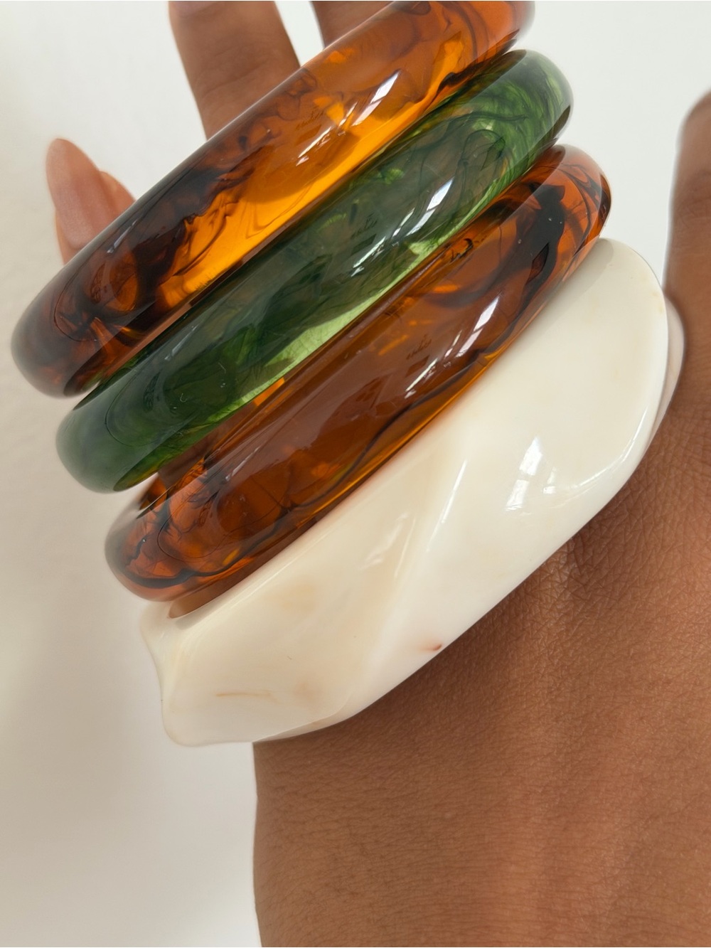 Resin Bangle Set - Green, Amber & Cream Stackable Bracelets